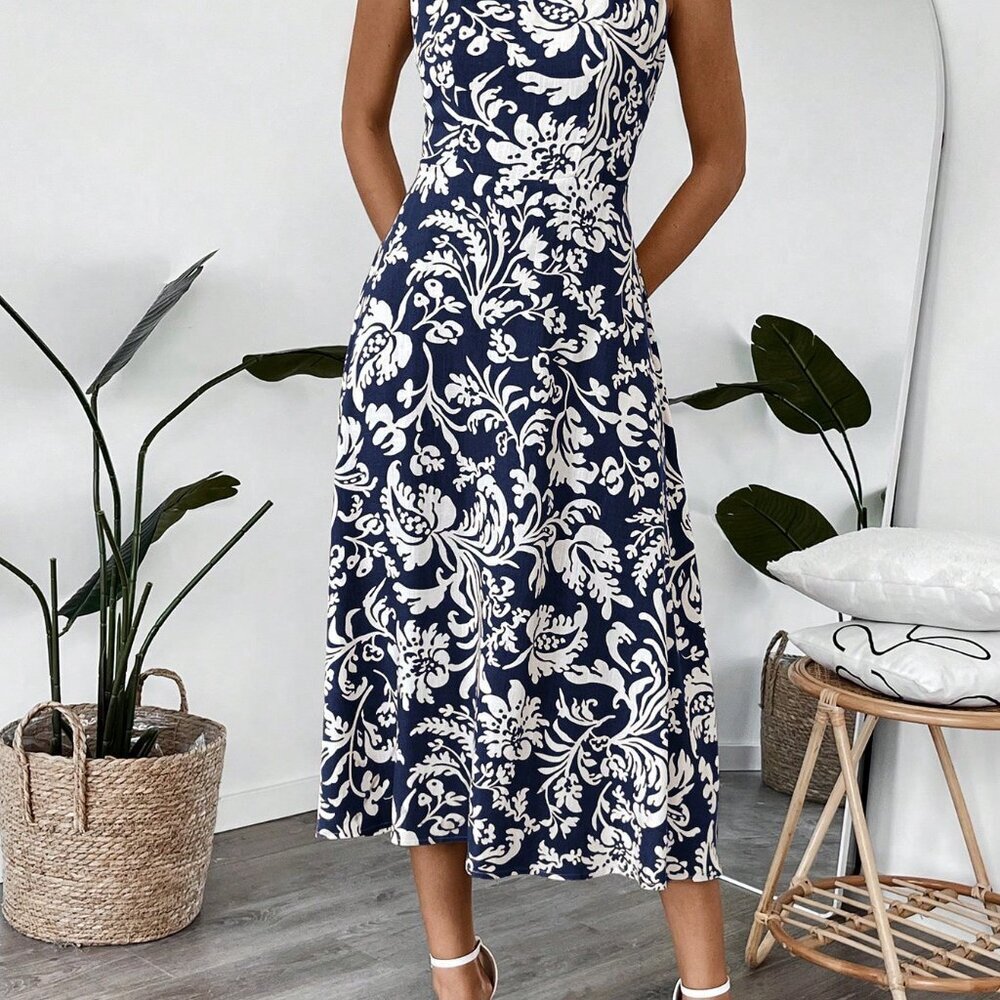 Blue Boho Women's Floral Square Neck Sleeveless Midi Dress - Picture 7 of 7